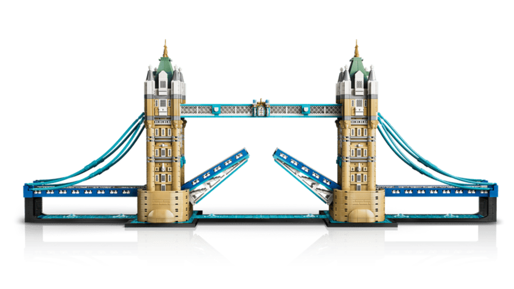 Close-up of the Victorian stonework and arch detail on one LEGO Tower Bridge tower