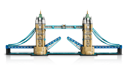Close-up of the Victorian stonework and arch detail on one LEGO Tower Bridge tower