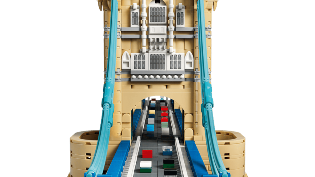 Top-down view of the LEGO Tower Bridge 21067 model showing the full roadway span
