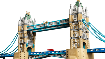 Tower roof spires and blue suspension chains on the LEGO Tower Bridge 21067 build