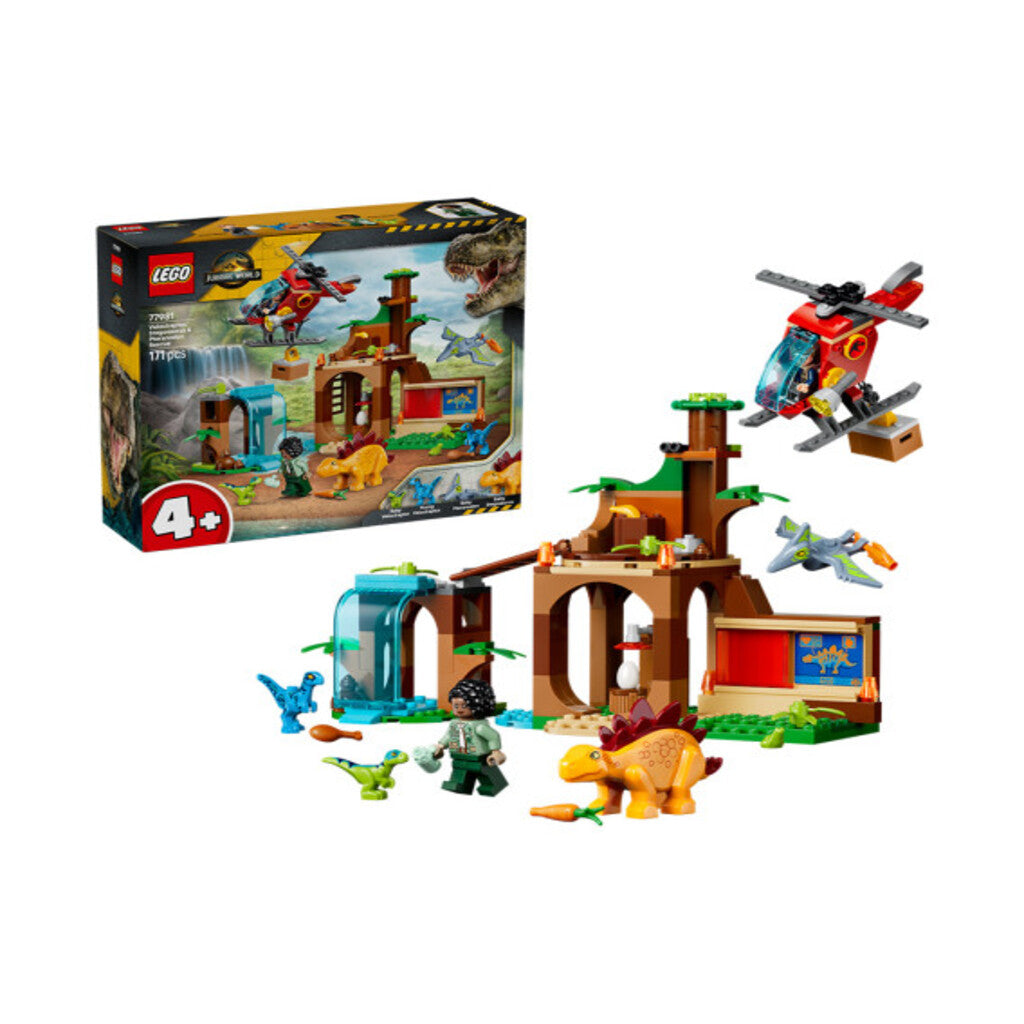 Minifigure and rescue accessories included with the LEGO 77981 dinosaur rescue play set