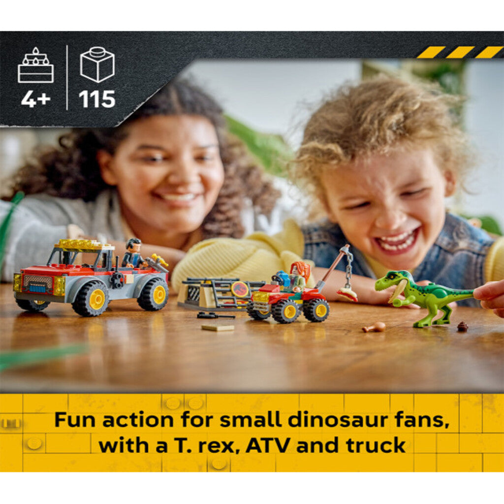 The young T. rex figure from LEGO set 77978 shown standing outside its transport trailer
