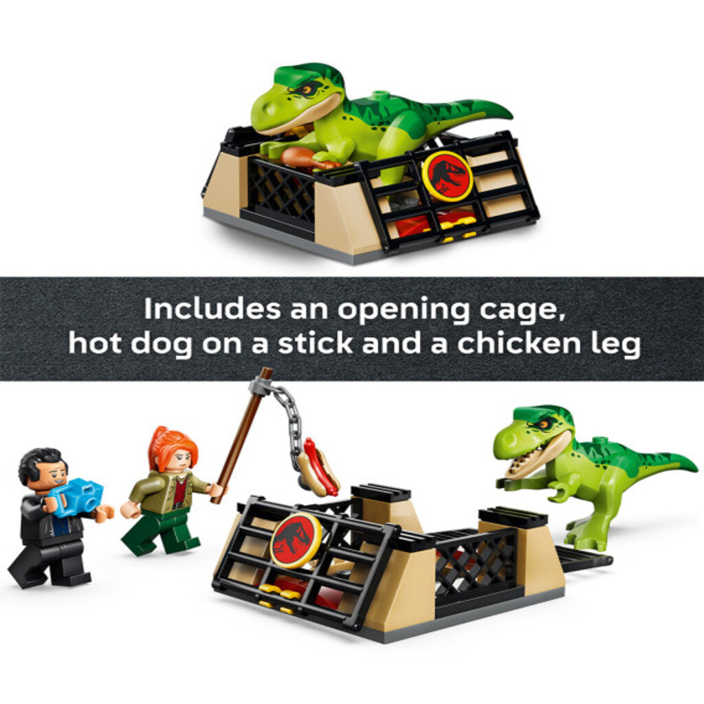 Close-up of the young T. rex figure and truck trailer detail from the 115-piece LEGO 77978 set