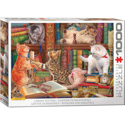 Library Kittens 1000 piece puzzle with playful cats among books and vintage library décor by Eurographics