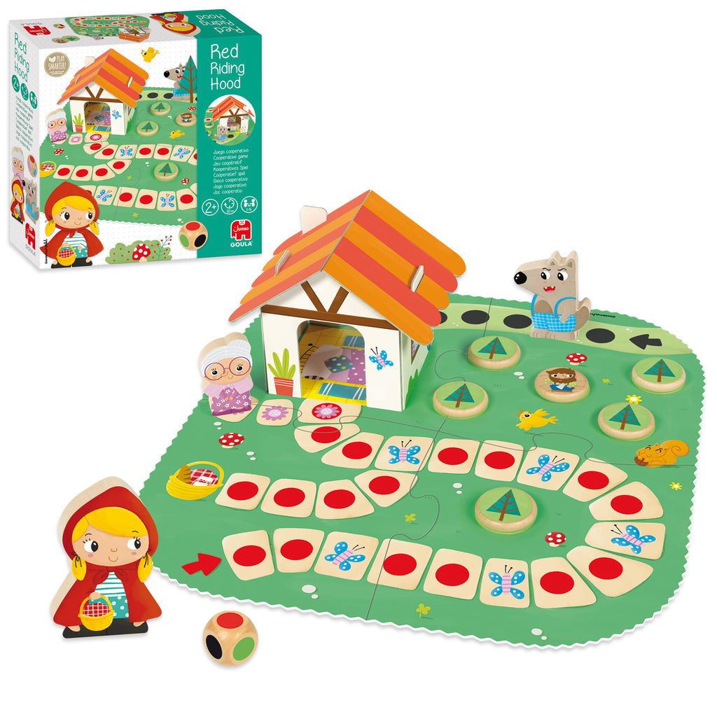 Two children playing the Goula Little Red Riding Hood cooperative board game at a table
