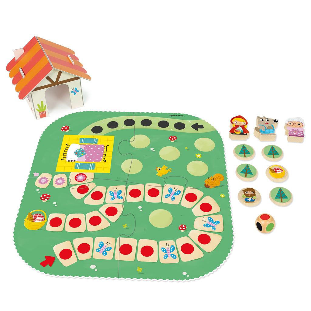 Full contents of the Goula Little Red Riding Hood board game unpacked and arranged together