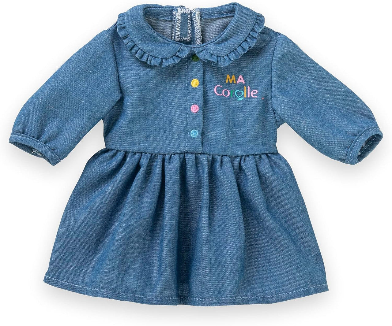 Long-sleeved denim dress for 36cm Ma Corolle dolls with frill collar and colourful button details