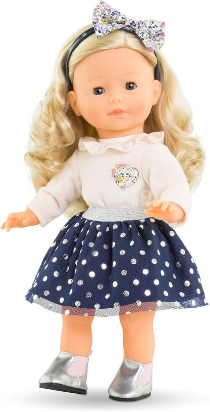 Ma Corolle Cléophée 36cm doll with blonde hair navy polka dot skirt and floral bow headband