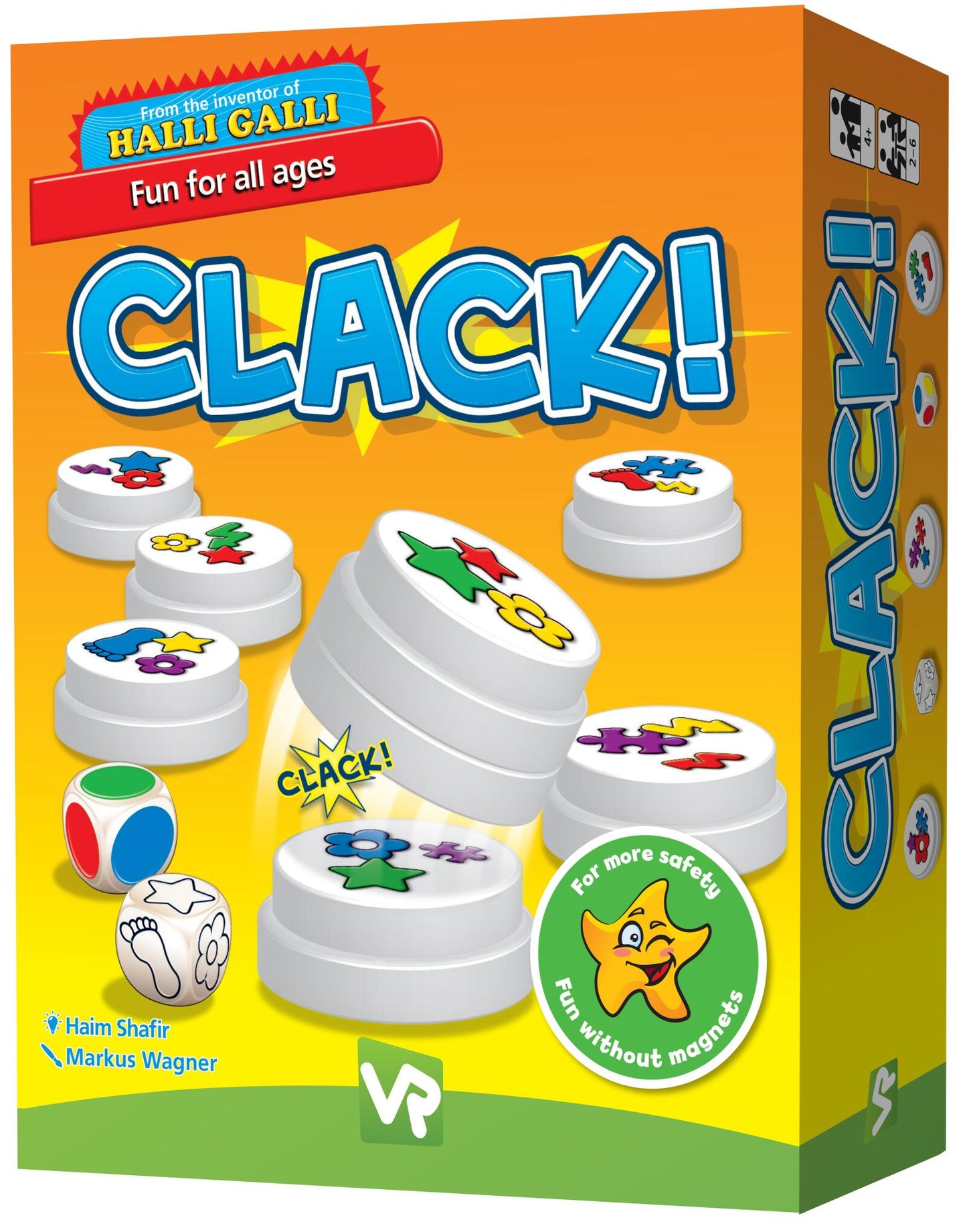 Box of the game 'Clack!' with colorful design and text on an orange background
