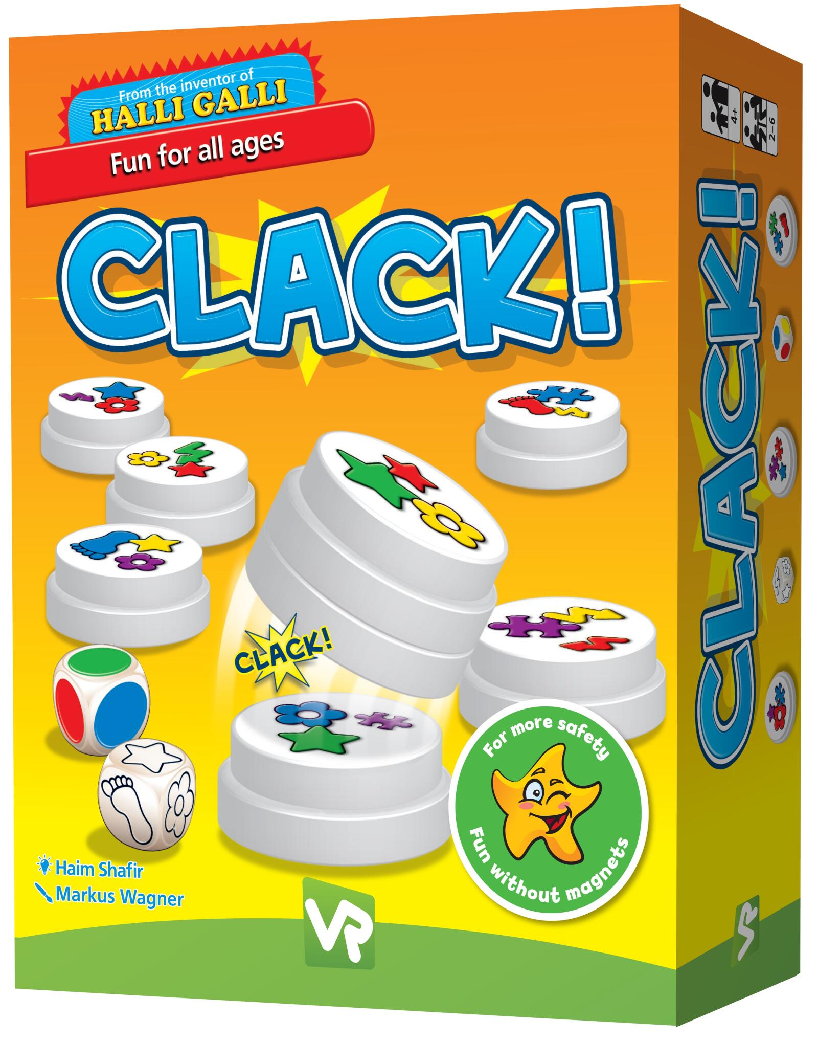 Box of the game 'Clack!' with colorful design and text on an orange background