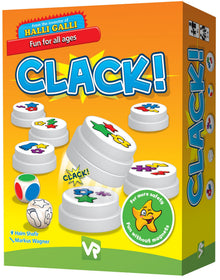 Box of the game 'Clack!' with colorful design and text on an orange background