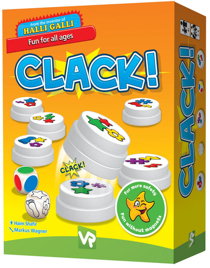 Box of the game 'Clack!' with colorful design and text on an orange background