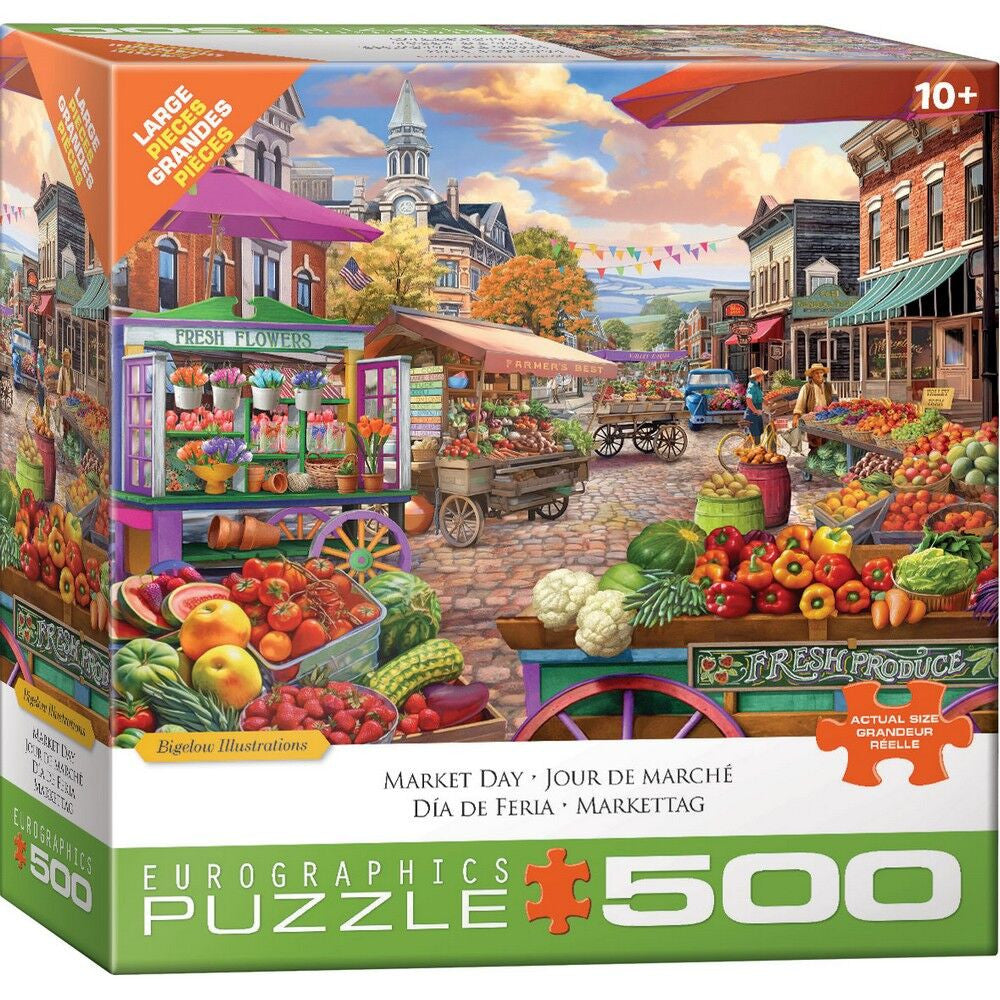 Market Day 500 piece large piece puzzle with colourful produce stalls and town market scene by Eurographics