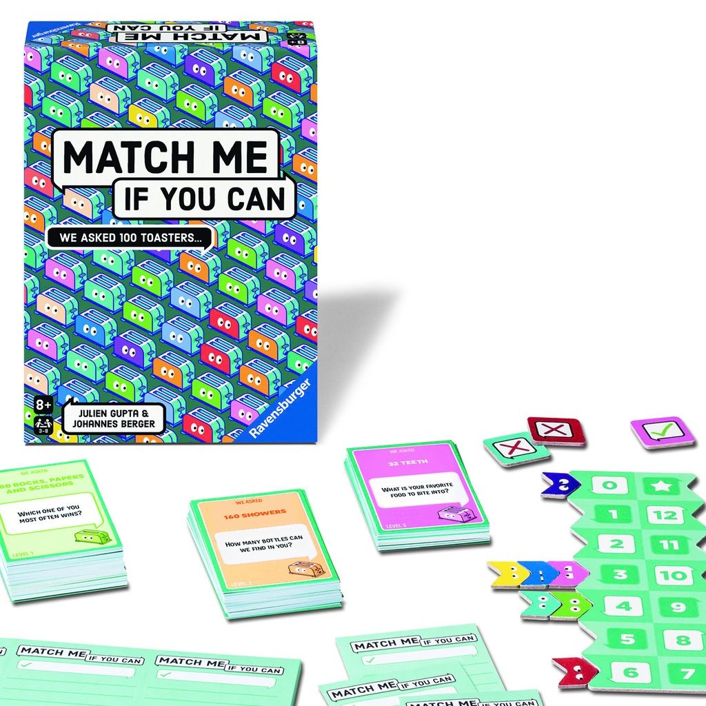 Contents of the Ravensburger Match Me If You Can party game laid out, including question cards and scoring pieces