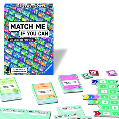 Contents of the Ravensburger Match Me If You Can party game laid out, including question cards and scoring pieces