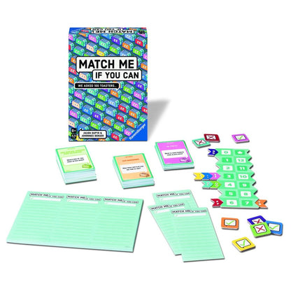 Group of friends laughing while revealing matching answers during a game of Ravensburger Match Me If You Can