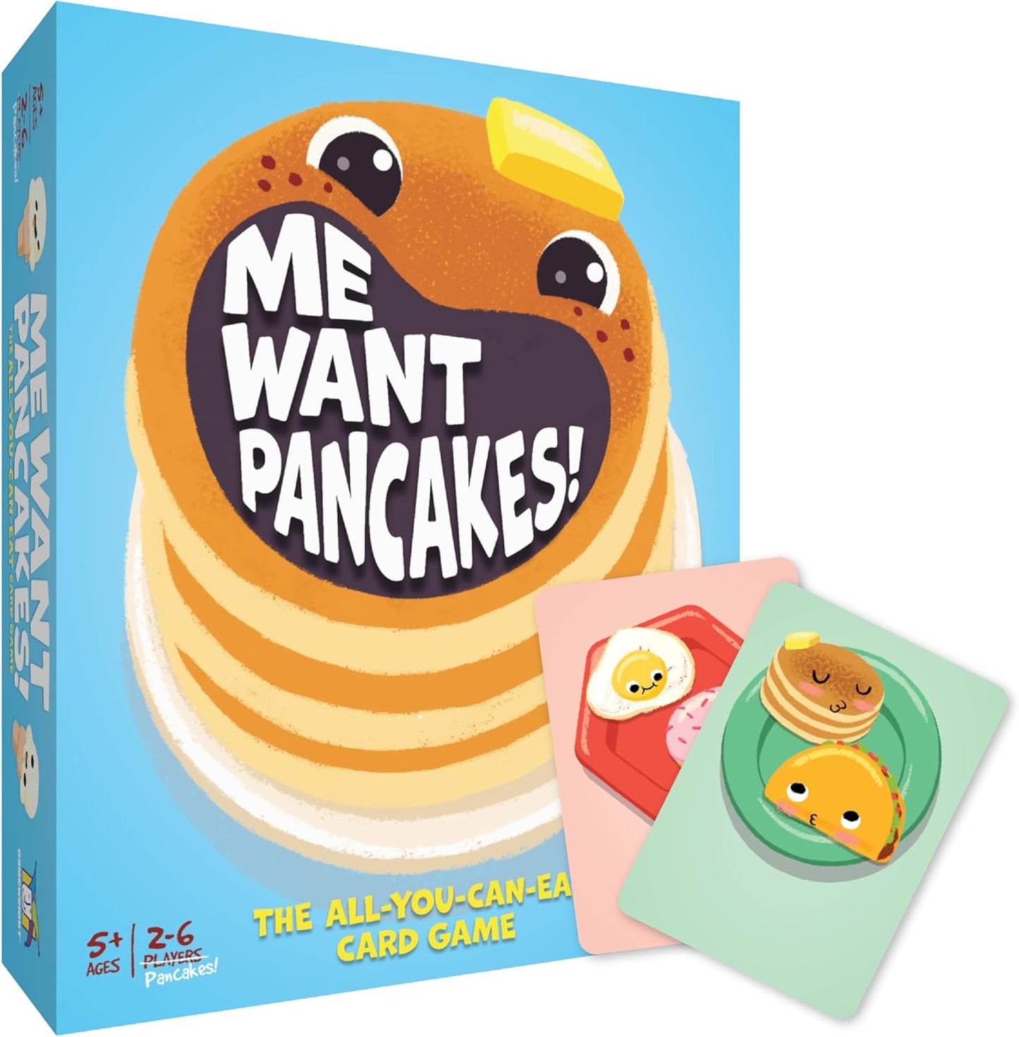 The All-You-Can-Eat Card Game 'Me Want Pancakes!' shown with its blue illustrated box and two colorful cards featuring cute pancakes and eggs on a white background.