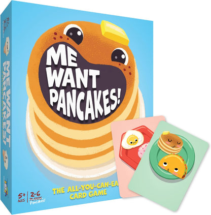 The All-You-Can-Eat Card Game 'Me Want Pancakes!' shown with its blue illustrated box and two colorful cards featuring cute pancakes and eggs on a white background.