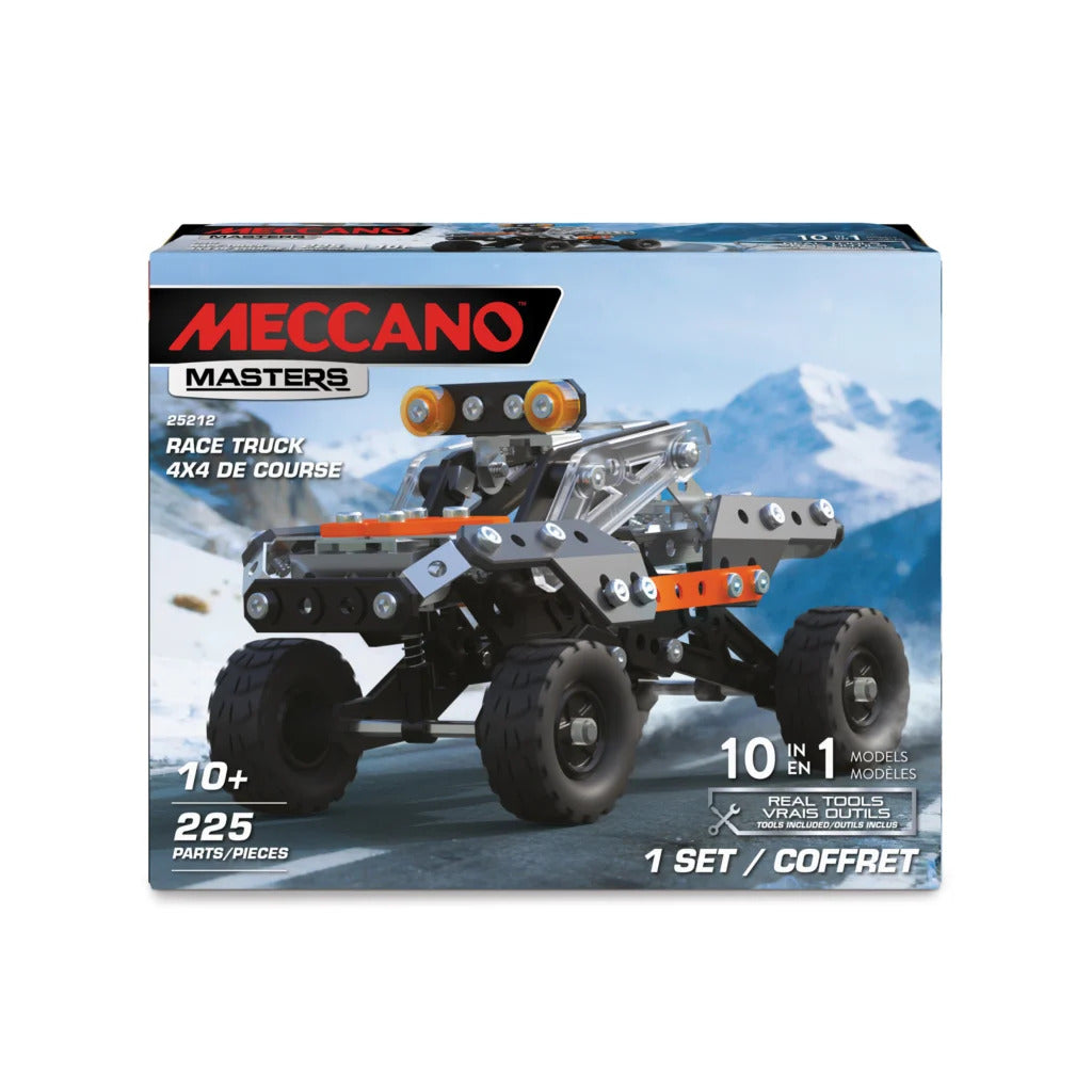 A boxed Meccanoo Masters race truck 4x4 set, shown against a plain white background. The packaging features a printed image of the assembled gray and orange race truck on a snowy mountain backdrop, with Meccanoo Masters branding and product details including '10+ years', '225 parts', and '1 set' visible on the front.