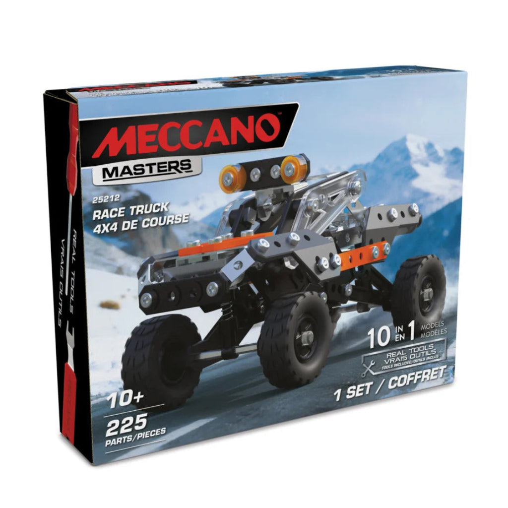 A Meccano Masters 22473 Race Truck 4x4 building kit box, showing a completed model race truck with orange and black details against a snowy mountain backdrop on the packaging.