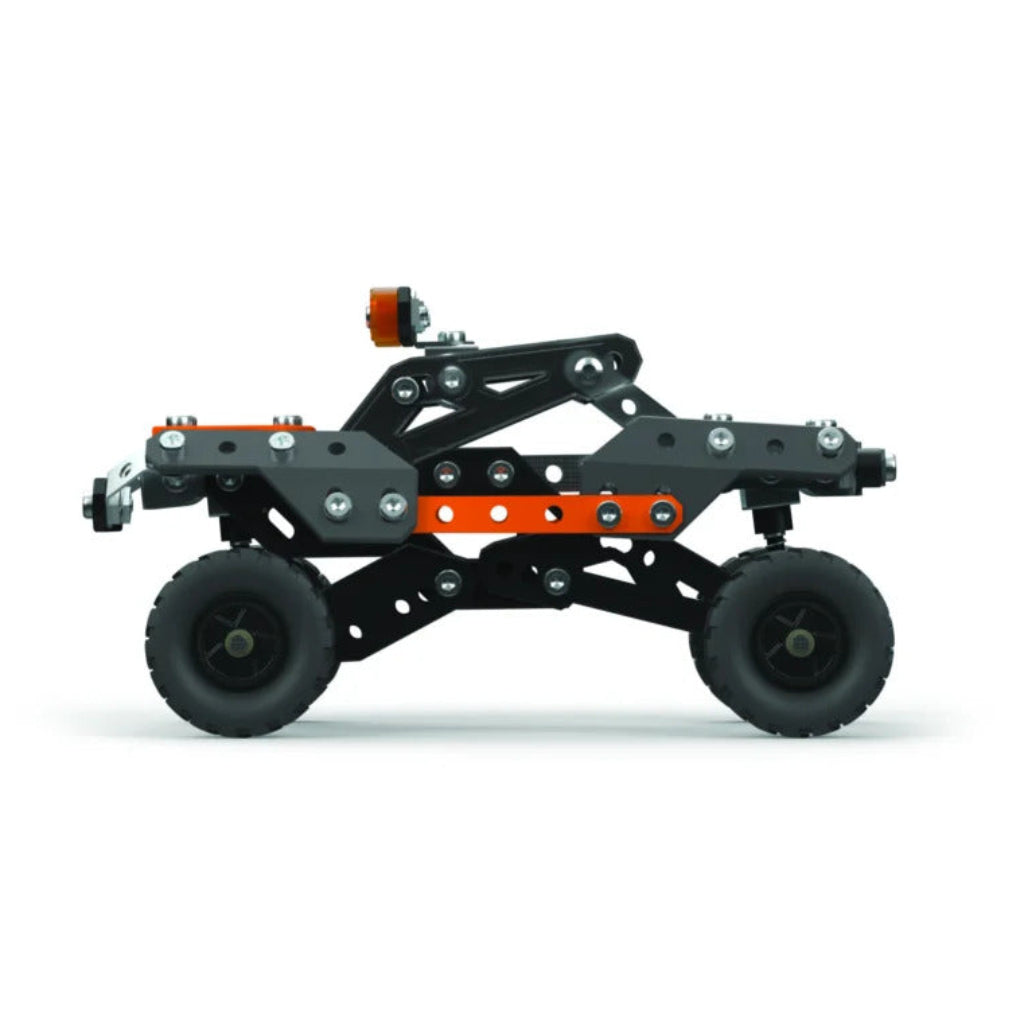 A black and gray robotic crawler chassis with orange accents and two black wheels, shown from a side profile on a white background.