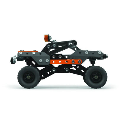 A black and gray robotic crawler chassis with orange accents and two black wheels, shown from a side profile on a white background.
