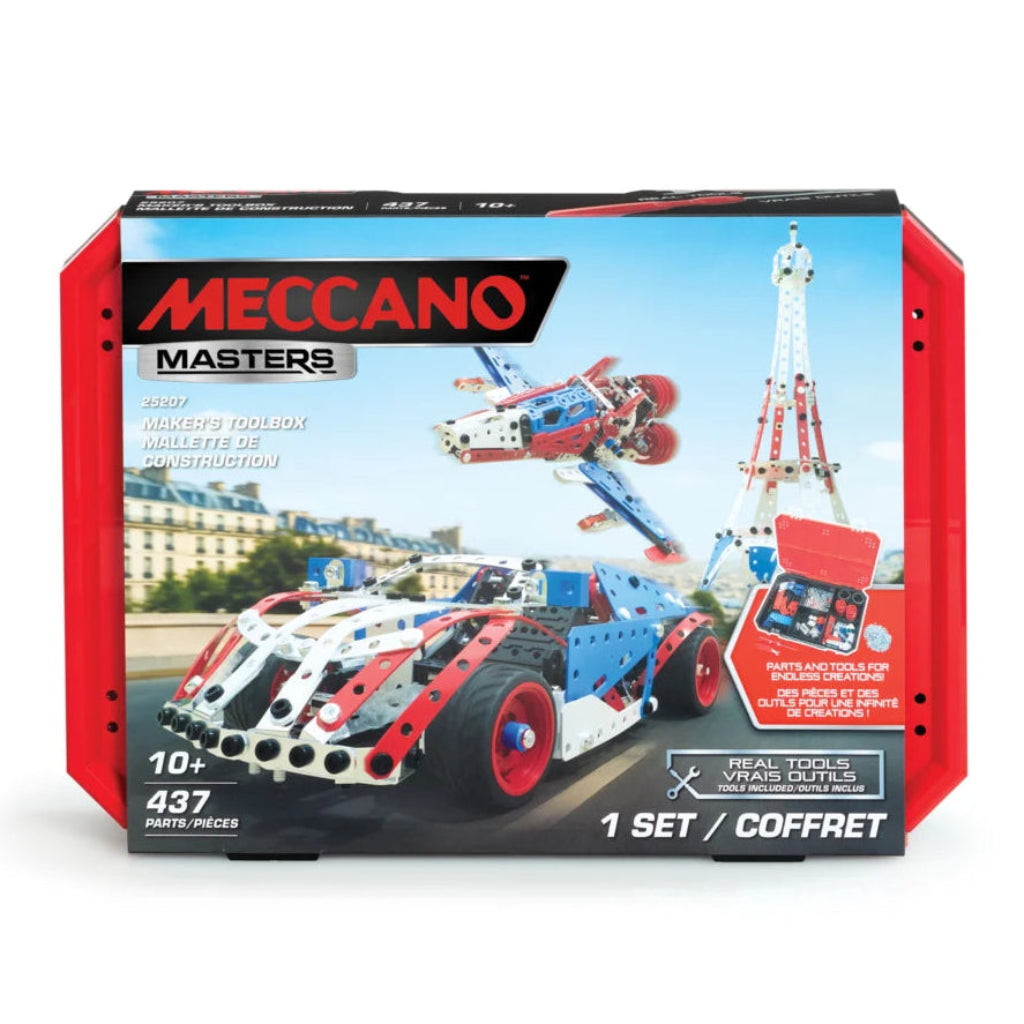 Meccano Masters Maker's Toolbox 437 Piece Construction Set (25207) in red storage case packaging, featuring a race car, aircraft and Eiffel Tower models built from Meccano metal parts. Ages 10+.
