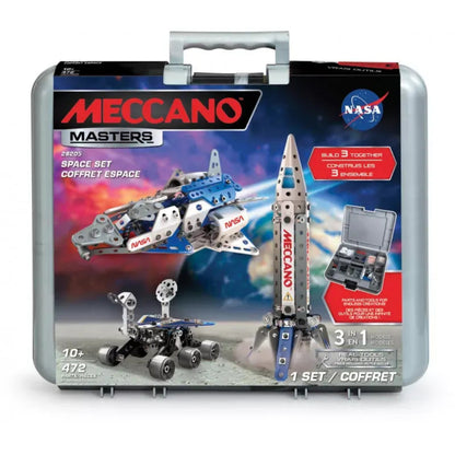 Meccano Masters NASA Space Set 26205 in storage carry case, featuring 472 parts to build three space models with real metal construction pieces.
