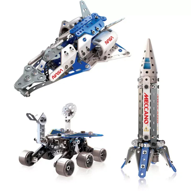 Three Meccano Masters NASA Space Set models showing a space shuttle, six-wheeled lunar rover and rocket built from metal construction parts.