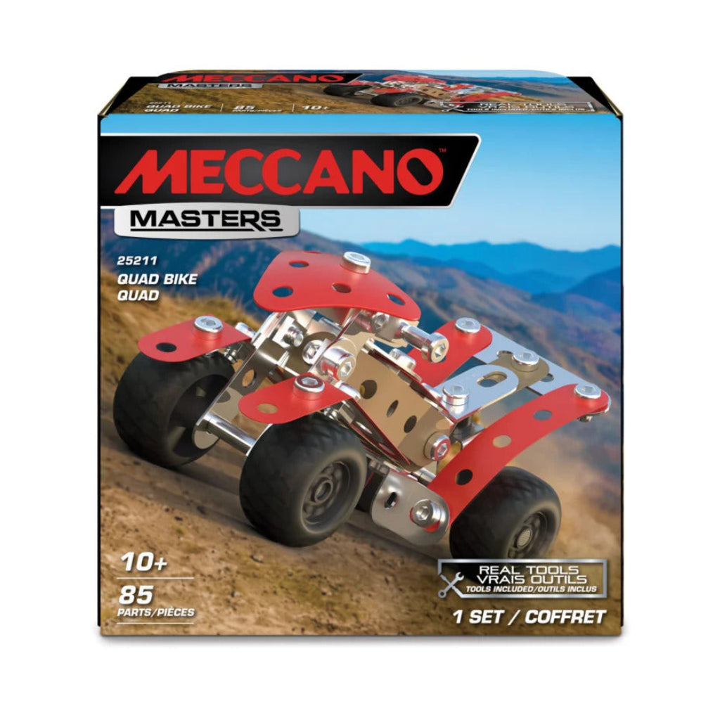 Meccano Masters quad bike building kit box, model 22611, featuring a red and silver metal chassis with black wheels, set against a clean white background.
