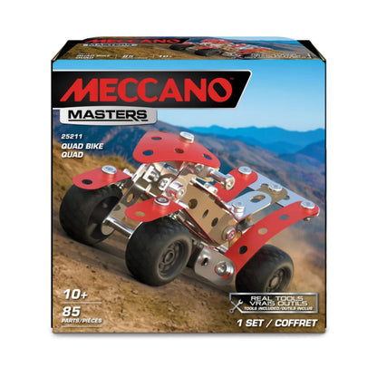 Meccano Masters quad bike building kit box, model 22611, featuring a red and silver metal chassis with black wheels, set against a clean white background.
