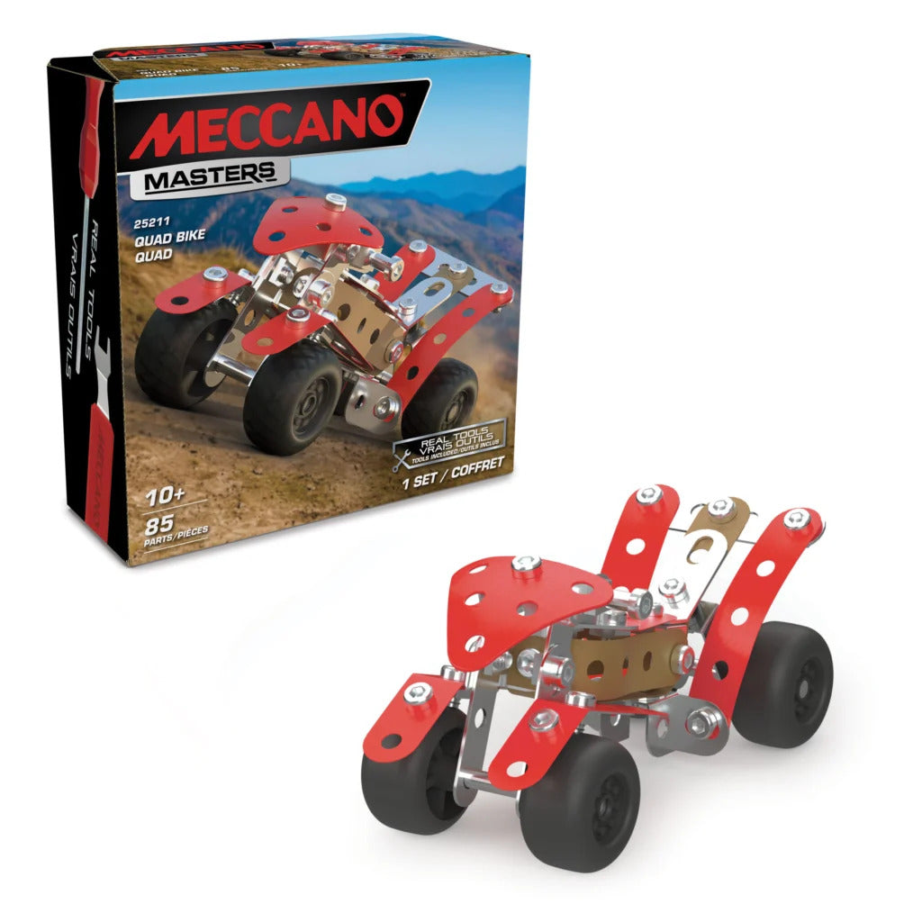 Meccano Masters quad bike building kit shown with its retail box and the assembled toy vehicle on a clean white background. The product includes red metal chassis plates, silver metal beams, tan plastic blocks, and black wheels.