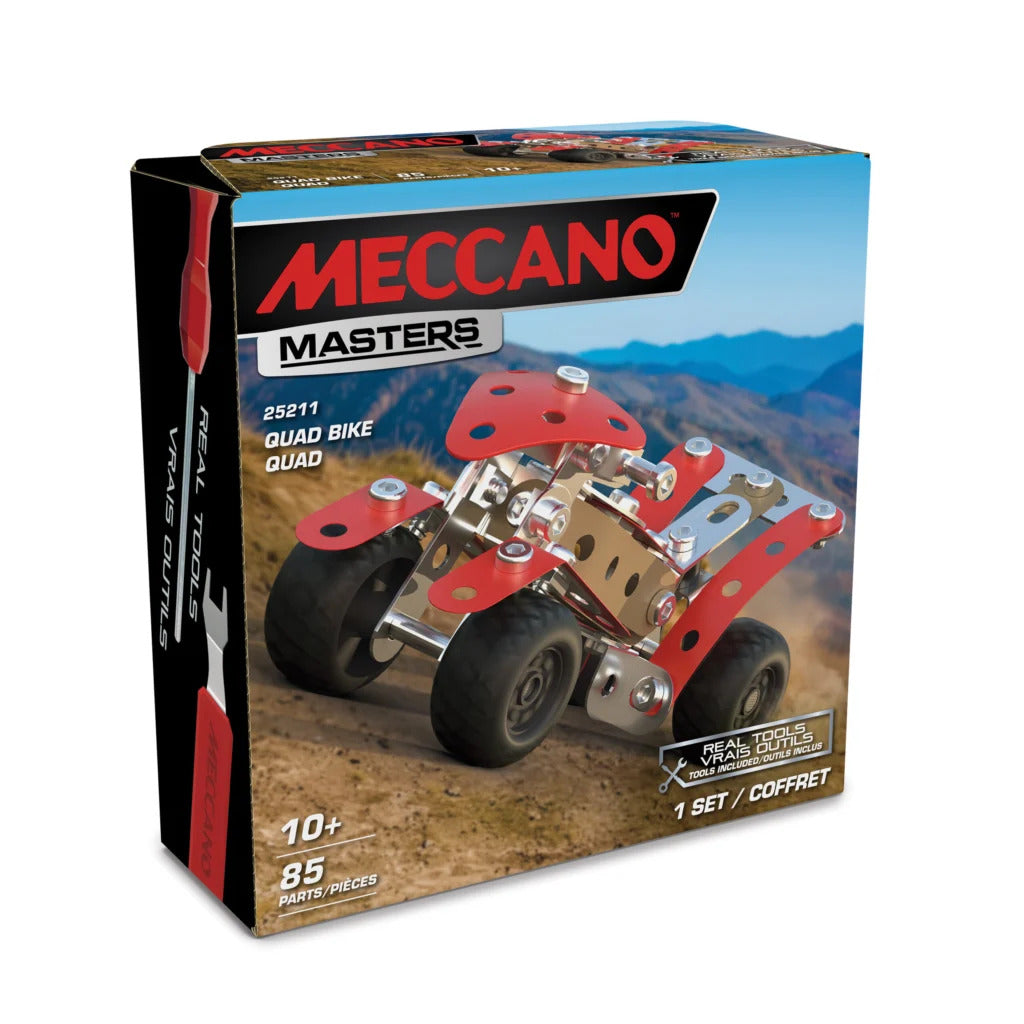 A boxed toy set on a plain white background. The package is for Meccano Masters Quad Bike Quad, showing the assembled red and metallic quad bike on the front with mountain scenery behind it.
