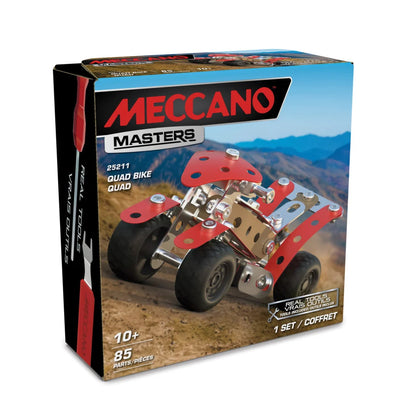 A boxed toy set on a plain white background. The package is for Meccano Masters Quad Bike Quad, showing the assembled red and metallic quad bike on the front with mountain scenery behind it.