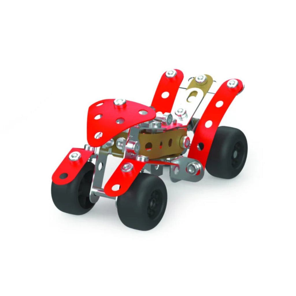 A small red and silver metal toy vehicle with black wheels, shown on a plain white background.