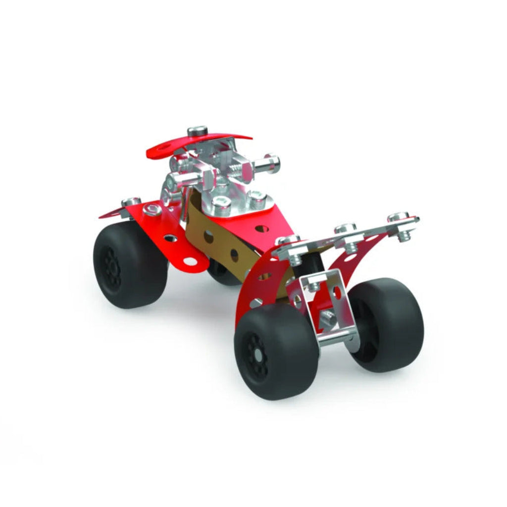 A small red and silver metal toy vehicle with black wheels, shown on a clean white background.