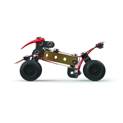 A compact red and gold robotic vehicle or miniature chassis with black wheels, shown in profile against a clean white background.