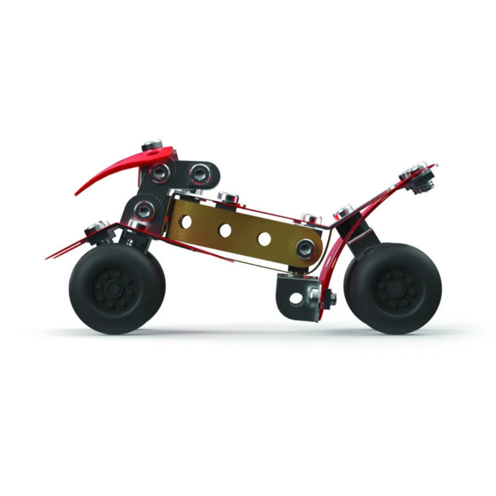 A compact red and gold robotic vehicle or miniature chassis with black wheels, shown in profile against a clean white background.
