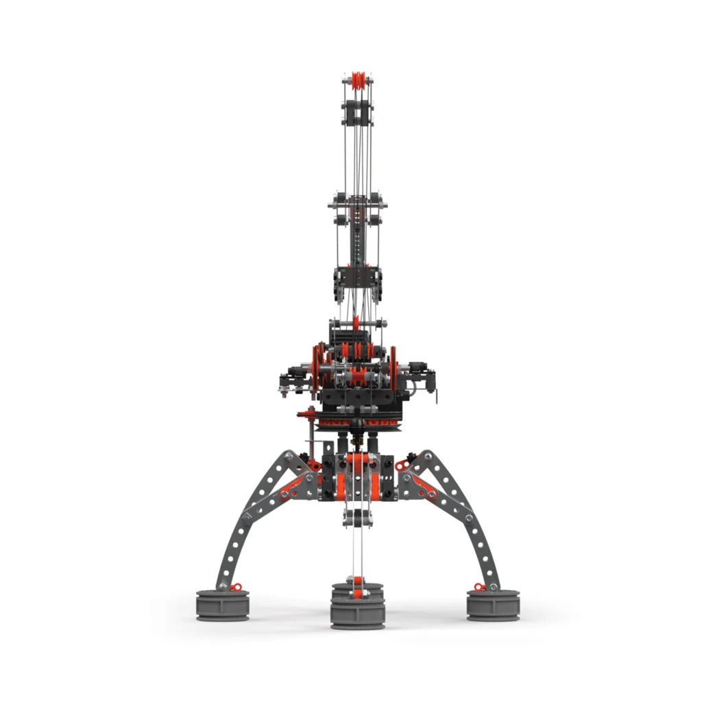 Front view of Meccano Pro motorised crane built with metal construction pieces, pulleys, cables and four supporting legs.
