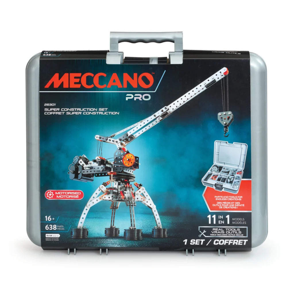 Meccano Pro 11-in-1 Super Construction Set 26301 in carry case with 638 pieces, motorised crane model and tools.