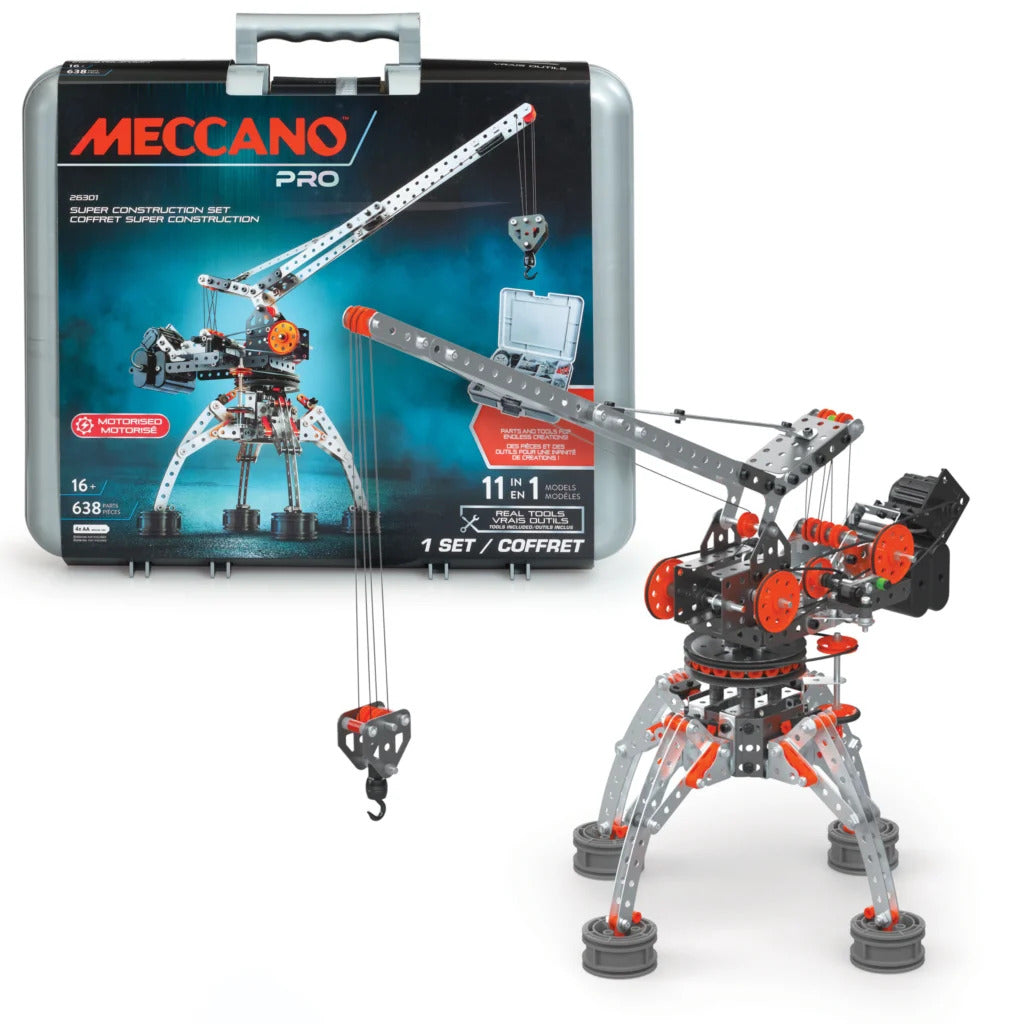 Meccano Pro 11-in-1 construction set carry case displayed beside completed motorised crane with working hook and metal framework.