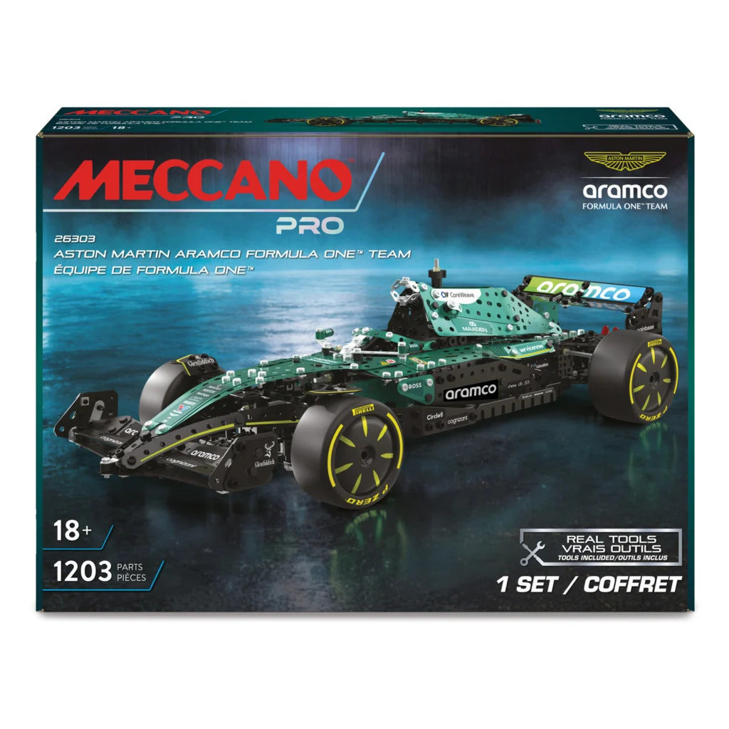 Front view of the Meccano Pro box for the Aston Martin Aramco Formula One Team building set, showing a green and black Formula 1 car on a dark blue reflective background. The box includes Meccano Pro branding, the team name, part number 26303, and 1203 parts.