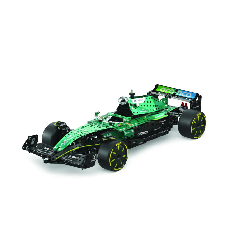 A green and black building block toy race car with bright yellow accents, shown from a three-quarters angle on a clean white background.