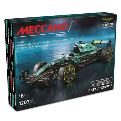 A Meccano Pro toy box for the Aston Martin Aramco Formula One Team, featuring a green and black F1 car graphic on the front, with Meccano and aramco branding and product details on a clean white background.