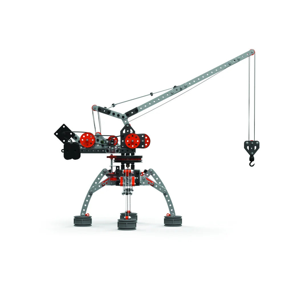 Side view of assembled Meccano Pro crane showing extended metal boom, motor housing, pulley system and lifting hook.