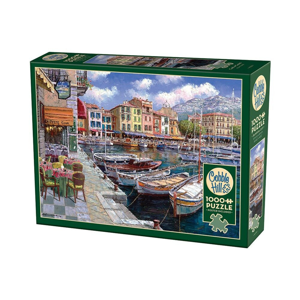 Cafe in Cassis 1000 piece puzzle with boats colourful buildings and seaside village by Cobble Hill