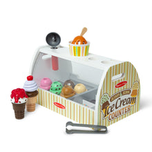 Melissa & Doug Scoop & Serve Ice Cream Counter wooden pretend play set with ice cream scoops toppings and cones