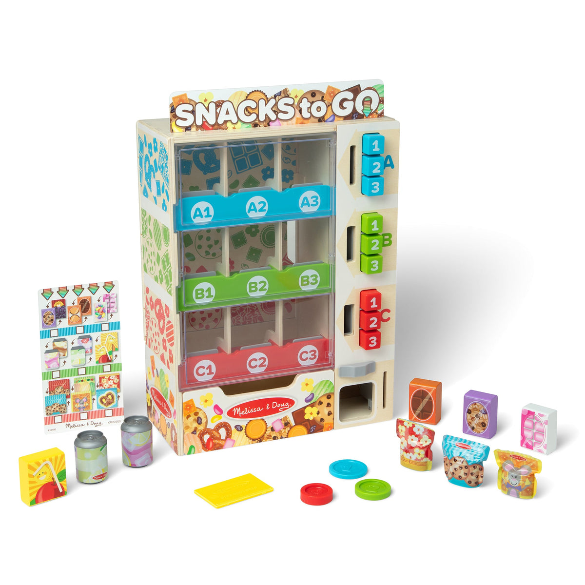 Wooden vending machine with nine pretend snack and drink packages, three play coins, bank card and activity accessories