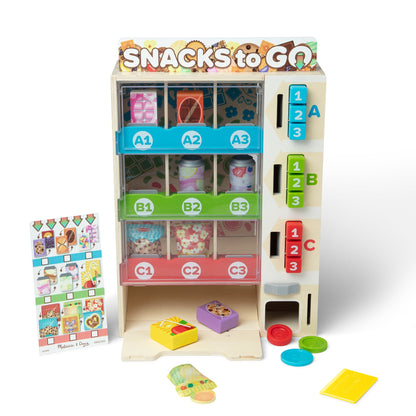 Melissa & Doug Sort Stock Select wooden vending machine with colourful pretend snacks, drinks, coins and activity card
