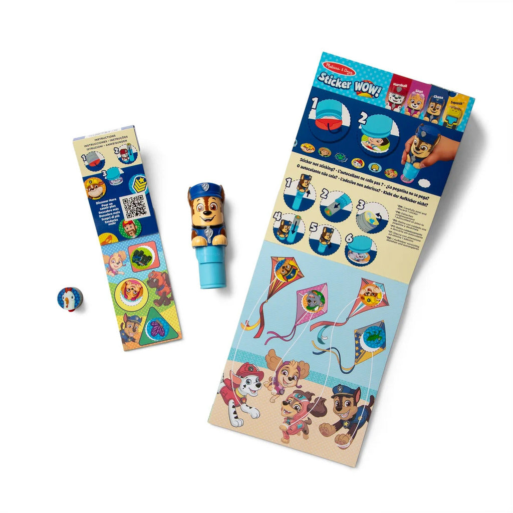 Sample of the 300 easy-peel stickers in 100 PAW Patrol designs that load inside the Chase stamper